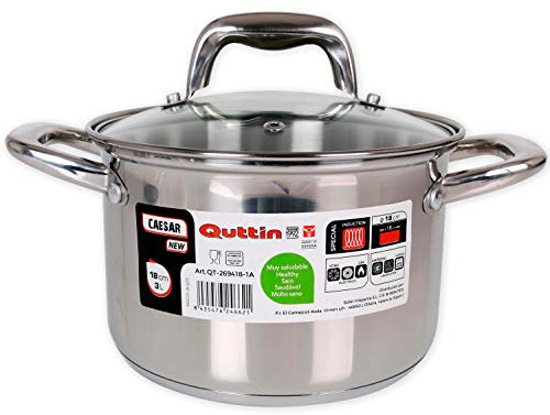 Quttin | Olla Profesional New Caesar de Inducción para Cocina y Horno | Cacerola Pequeña de Acero Inoxidable Antiadherente con Tapa de Cristal y Asas 18 cm/2 L | Apta para Todo Tipo de Cocinas