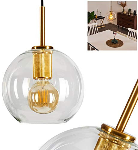 HOFSTEIN Hängeleuchte Karo, Retro Pendellampe aus Metall in Gold und klaren Glasschirm, runde 1-flammige Deckenlampe, 1 x E27, Höhe 126 cm (verstellbar),ohne Leuchtmittel