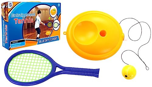 BLUE SKY- Bluesky – Socle Balle en Mousse Avec Elastique et Raquette – Jaune – 047255 – 39 Cm – Jeu de Plein Air Dès 5 ANS Conjunto de Entrenamiento de Tenis, Color Amarillo (MGM