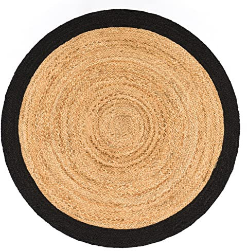 Paco Home Teppich Rund Wohnzimmer Jute Boho Ethno Muster Modern Handgefertigt Naturteppich, Grösse:120 cm Rund, Farbe:Schwarz