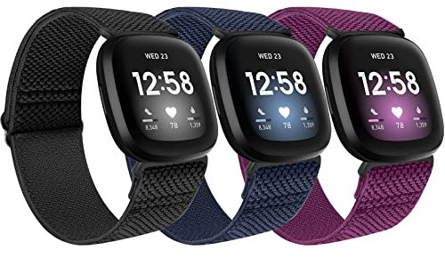 SHIJZWD 3 Packs Elastic Watch Strap Compatible with Fitbit Versa 3/Fitbit Sense, Soft Breathable Nylon Sports Loop Band Stretchy Adjustable Replacement Wristband for Women Men (Black+Indigo+Purple)