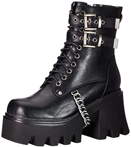 LAMODA Women's Hostage Platform Ankle Boot, Black PU, Lace-Up Chunky Ladies Combat Boots with Size Zipper, Mid Calf Chelsea Boots, Buckle & Chain UK 3