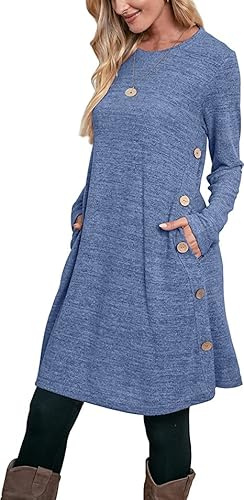Aokosor Strickkleid Damen Langarm Kleider Pulloverkleid für Damen Tunika Kleid Jumper Kleid mit Knöpfen und Taschen Blau L