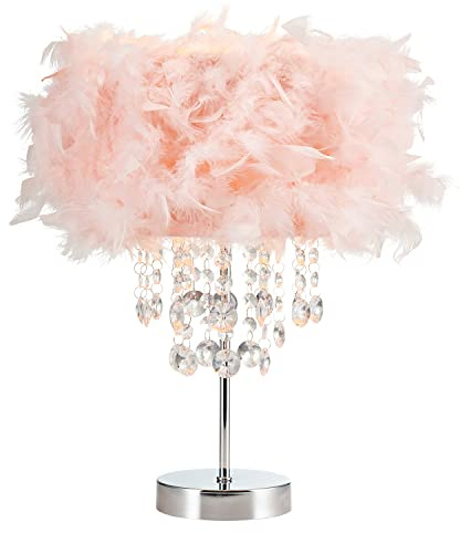 Happy Homewares Modern and Chic Real Pink Feather Chandelier Style Table Lamp with Waterfall Clear Acrylic Droplets | Chrome Metal Base and Stem | 40w Max E27 Bulb