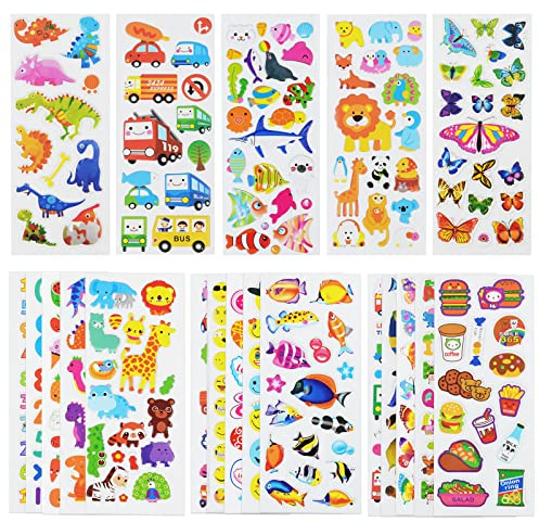 24 Sheets(500+) 3D Puffy Stickers for Toddlers Kids, Bulk Preschool Sticker Sheets for Reward, Craft, Scrapbooking Including Animal, Fruits, Dinosaurs, Fish and More