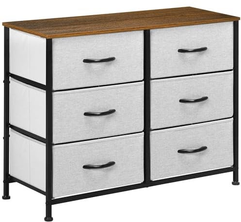 HOMCOM Fabric Chest of Drawers, Industrial Bedroom Dresser with 6 Fabric Drawers, Steel Frame and Wooden Top for Nursery, Living Room, Hallway, Grey