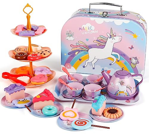 XiYee 48Pcs Service à Thé pour Enfants, Service à Thé Jouets étui de Transport Licorne, Dînette Enfant Accessoire Jeux de Cuisine, Jouet de Cuisine Faisant Semblant pour Enfants Filles
