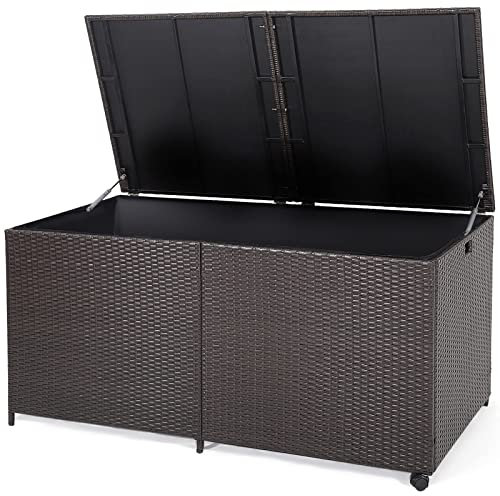 Giantex Coffre de Rangement en Rotin 662 L, Boîte de Rangement Résine avec 2 Roulettes et 2 Vérin à Gaz, Résistant aux Intempéries, 150 x 77 x 73 cm