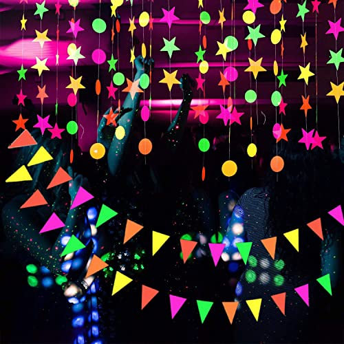 KARLOR Schwarzlicht Party Deko, 3 Formen/Je 4.4 Meter Neon leuchtend Girlanden unter UV Licht, Stern Kreispunkt Wimpelkette, Disco Party Banner Girlande Papier Bänder leuchtend UV Glow Partyzubehör
