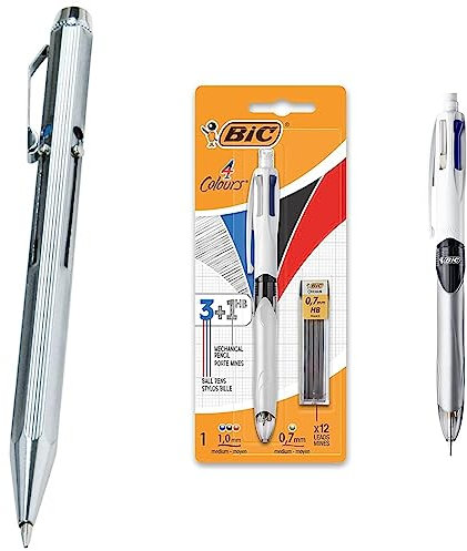 WEDO 256226 Vierfarb-Kugelschreiber chrom/schwarz/rot/blau/grün, 1 Stück (1er Pack) & BIC 4 Farben Kugelschreiber Set 4 Colours 3+1HB, mit Bleistift, 1er Pack, inkl. 12 Bleistiftminen