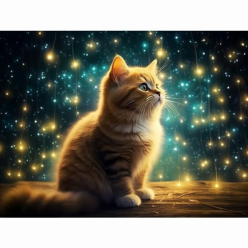 Rheskbecy Diamond Painting Set für Erwachsene,DIY 5D Diamant Painting Katze und Glühwürmchen,Malen nach Zahlen Diamant Anfänger,Home Wall Decor 30x40cm