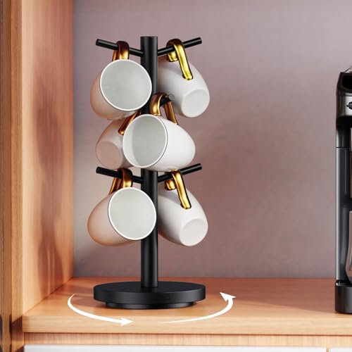 Elerator Arbre porte-tasses à café, rotation à 360° pour comptoir, étagère en bois avec 6 crochets, station de rangement, accessoires de bar, noir