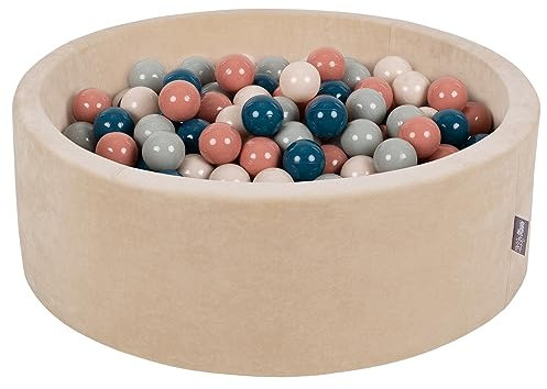 KiddyMoon Rund Bällebad Velvet Bällepool 90X30cm/200 Bälle ∅ 7Cm Ballgruben Für Babys Spielbad Kleinkinder, Hergestellt In EU, Sandbeige: Dunkeltürkis/Pastellbeige/Grüngrau/Lachsfarbe