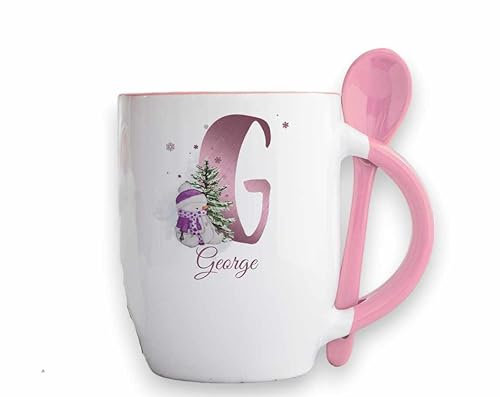 Personalised pink Handle Tradional Snowman Initial Mug with spoon, Christmas Alphabet with snowman christmas tree and large letter hot chocolate, Cute Xmas mug