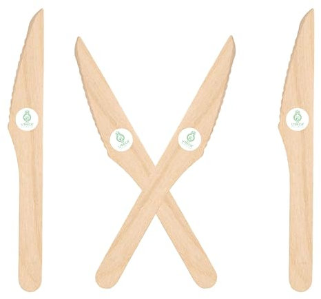 U'reca Organics Cubiertos ecológicos de madera de abedul | Cuchillos de madera de 160 mm - Paquete de 100 | Cubiertos desechables y biodegradables