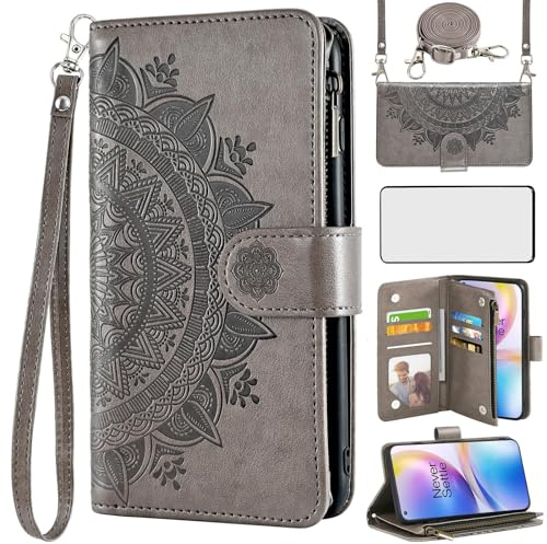 Asuwish Handyhülle für OnePlus 8 Pro Hülle mit Band und Folie Schutzfolie Kartenfach Klappbar Leder Blumen Geldbörse Ständer 8Pro IN2023 Reißverschluss Handy Hüllen Schutzhülle Phone Case Grau