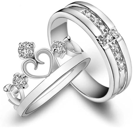 BISONBLUE Ringe Herren Ring Damen Männer Rings Geschenk Luxus Zirkon Paar Ringe Für Frauen Männer Mode Herz Krone Antrag Ringe Jahrestag Einstellbar silber
