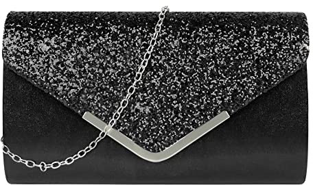 LA HUATE Pochette da donna a busta, con patta e brillantini, elegante borsa da sera con paillettes, borsa a tracolla per matrimonio, ballo di fine anno, Nero , Taglia unica, bb-03732-07YH