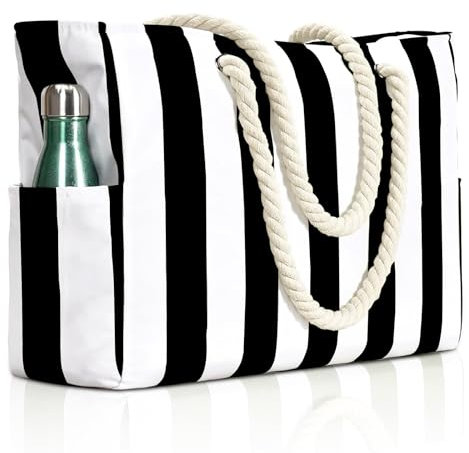 NCKIHRKK Strandtasche Badetasche Groß, Wasserdicht Strandtasche Grosse XXL Familie, Vielseitiger Damen Shopper Badetasche Schwimmtasche Saunatasche Beach Reisetasche Tote, Gestreift Schwarz