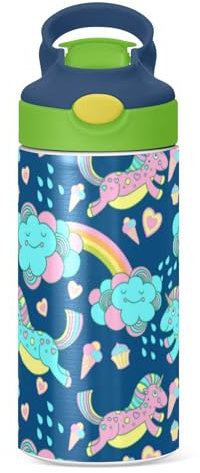 Botella de agua para niños con pajita, diseño de unicornio y arco iris, termo pequeño con aislamiento térmico, termo de acero inoxidable, para deportes fríos y calientes, 350 ml