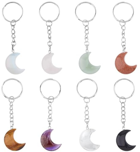 SUPERFINDINGS 8Pcs Gemstone Keychain Moon Crystal Stone Keychain Natural Stone Keyring Quartz Crystal Pendants with Iron Split Key Rings for Handbag Purse Car Keys Birthday Party Favors Supplies