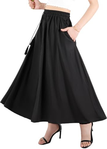 Kefiys Rock Damen Sommer mit Taschen Lang Röcke mit Gummizug Sommerrock mit Kordelzug Einfarbig Casual Hochzeit Cocktail Midi Skirt Schwarz L
