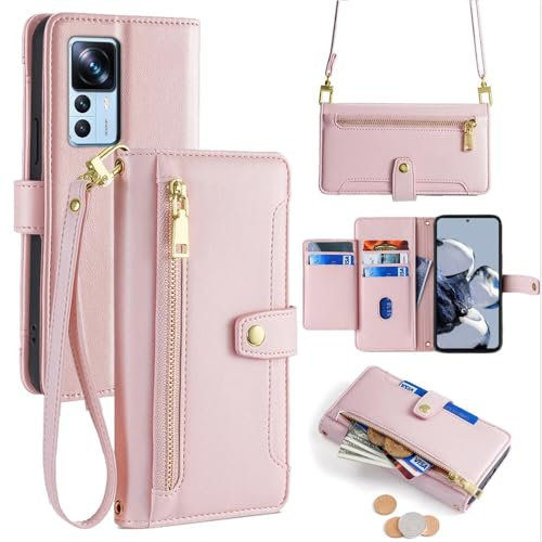 betterfon Handykette Hülle Kompatibel mit Xiaomi 12T / 12T Pro | Leder Handyhülle mit Kartenfächern | Frauen Brieftasche Klapphülle zum Umhängen | Rosa