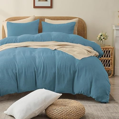 Gezu Muslin Bettwäsche 135x200 Marineblau 100% Baumwolle Muslin Bettwäsche-Sets Leinen Set Bettbezug mit 2Kissenbezüge 80x80 Sehr Atmungsaktiv Bequem Bettwäsche Doppelbett mit Reißverschluss