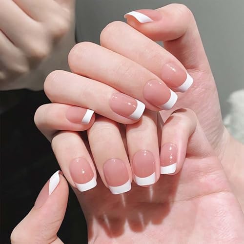 French Tip False Nail - 24Pcs Short False Nails - Square Shape Nude Color French Tip Press on Nails - Glossy Full Cover Glue on Nails Gifts for Women Girls Removable Nail Art