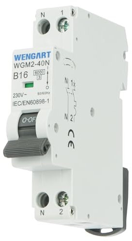 Wengart Miniatur-Leistungsschalter WGM2-40N,AC230V 16A 1P+N 6kA B-Char,Elektrischer Sicherheitsschalter für Haushalt/Industrie