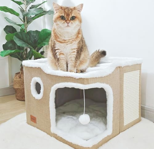 Spindro Großes Katzenhöhlenbett für Indoor-Katzen, Würfelhaus mit Kratzpad, Katzenhütte mit waschbarer Sherpa-Matte, Warmer, weicher Katzenmatte, niedliches Katzenbett, modernes Hundebett,Khaki