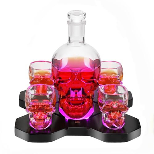 Skull Whiskey Decanter Set with 7 Color RGB Light,4 Glasses,Unique Gifts for Men Dad Husband, Suitable for Anniversary,Party,Cool Whiskey Decanter for Scotch,Vodka,Boubon Liquor or Wine - 800ml 1