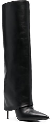 Botas de Mujer con tacón de Aguja y Pliegues sobre la Rodilla Botas Altas con Punta Puntiaguda y tacón Alto Botas Altas de Cuero holgadas Botas de Vestir Sexis a la Moda,Negro,39 EU