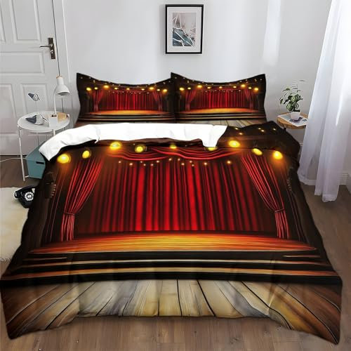 Duvet Cover Sets 3 pcs Double 200x200 cm Stage Red Curtain Comfy Breathable Non Iron Comforter Cover 3D Pattern Quilt Cover 3 Pcs Bedding Set for Kids Teens Adults
