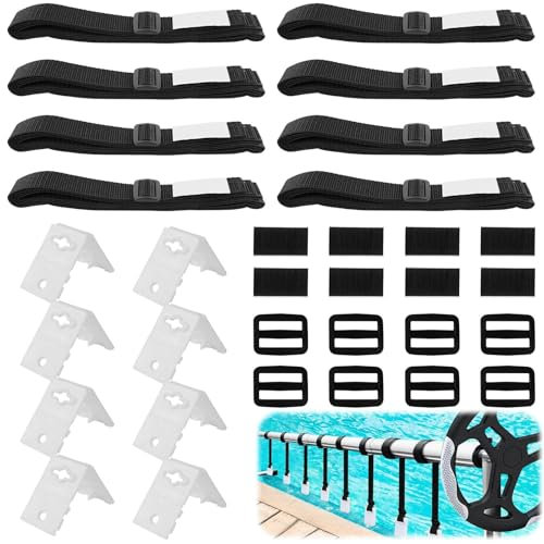 GOMETY Lot de 8 sangles de fixation et pinces de fixation pour piscine - Enrouleur de piscine - Film solaire mobile - Accessoires pour système d'enroulement mobile pour bâches de piscine