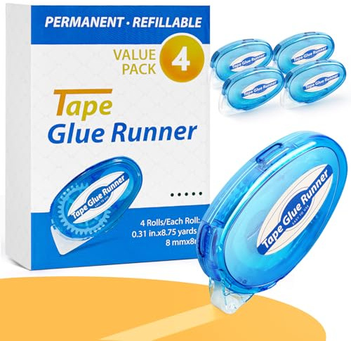 4 Pack Double Sided Tape Roller, 8mm x 315 Inch Permanent Adhesive Scrapbook Tape Dispenser Runner, Glue Tape Roller for Scrapbooking, Crafts and Arts Projects, Photo-Safe, Smooth & Clean