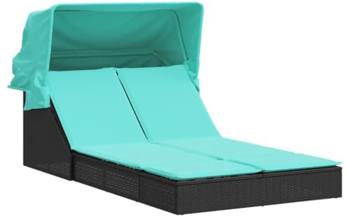 vidaXL Doppelte Sonnenliege mit Baldachin und Kissen, schwarzes Polyrattan
