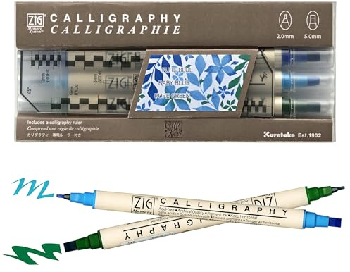 Kuretake ZIG CALIGRAPHY MARKER Pens 3 colours set (Blue Green), 2mm 5mm Dual tip, for Art, illustration, Journaling, Made in Japan