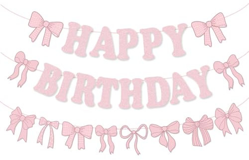Kinretixia 3 Stück Rosa Schleife, Geburtstagsdekoration, glitzernd, „Happy Birthday“ Banner, Schleife, Girlande, Party Dekorationen für Mädchen und Frauen, Geburtstagsparty