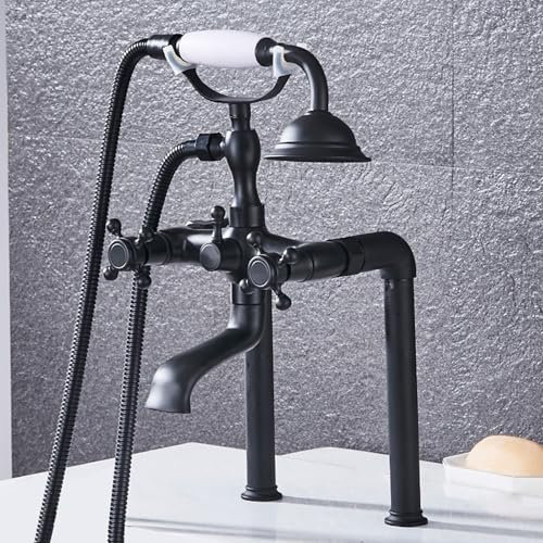DECAKE Rubinetti per Vasca con Doccia, miscelatori per Vasca 2 Fori Doppia Maniglia a Croce Miscelatore per Vasca Doccia Set Ottone Nero Antico