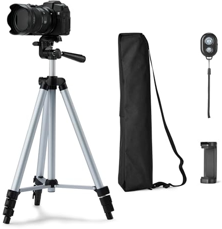 Amazon Basics 127cm/50inch Phone and DSLR Camera Tripod, Lightweight, with Bag, Wireless Remote Control and Phone Holder, Adjustable Height, Silver