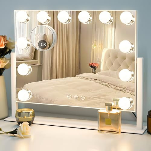 Sucedey Specchio da Trucco, Hollywood con 12 Lampadine, 3 Modalità Colore, Luminosità Regolabile, Controllo Touch, Specchio Zoom 10X Staccabile, Rotazione 360° (Bianco)