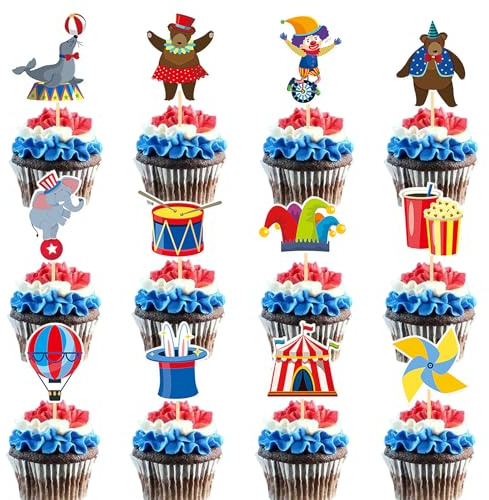 Silars Zirkus Kuchen Deko, 24 Stücke Zirkus Geburtstag Deko Tortendeko Zirkus für Mädchen Jungen, Cake Topper Zirkus für Kindergeburtstag, Babyparty, Geburtstag, Karneval