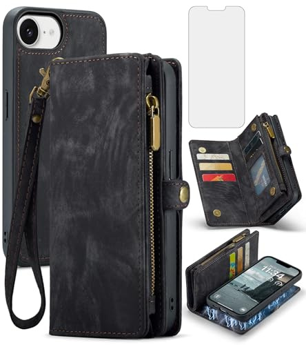 Asuwish Schutzhülle für iPhone 16e/SE 2025/SE 4, Reißverschluss, Brieftaschenhülle mit gehärtetem Glas, Displayschutzfolie und Kreditkartenfach, für Damen und Herren, Schwarz