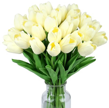 Wekuw 15 Pezzi Tulipani Finti Fiori Artificiali Realistici per Bouquet Tulipani Finti in Lattice,Tulipano per Fai da Te,Bouquet da Sposa,Hotel,Festa,Ufficio,Decorazioni per La Casa(Bianco latteo)