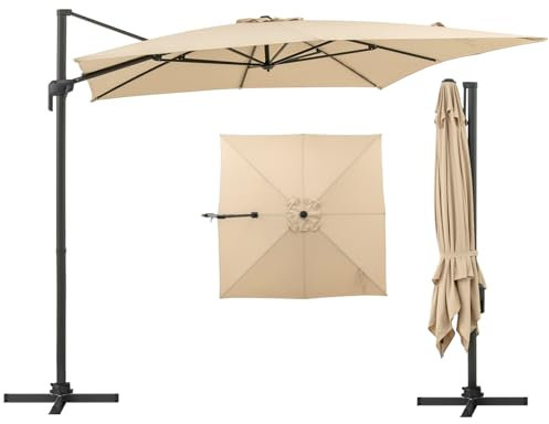 COSTWAY 3M Cantilever Garden Parasol, Square Offset Banana Hanging Umbrella with 5 Adjustable Tilt, 360° Rotation, Crank Handle & Cross Base, 8-Rib Outdoor Sun Shade Canopy for Patio Market (Beige)