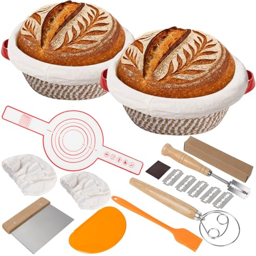VOKABY 2 Gärkörbchen Rund,Sauerteig Starter Set,Geflochtener Gärkorb aus Baumwolle,Brot Backen Zubehör Mit Leinenfutter,Schaber,Silikonpinsel,Backmatte,Teigschneider,Teigbesen