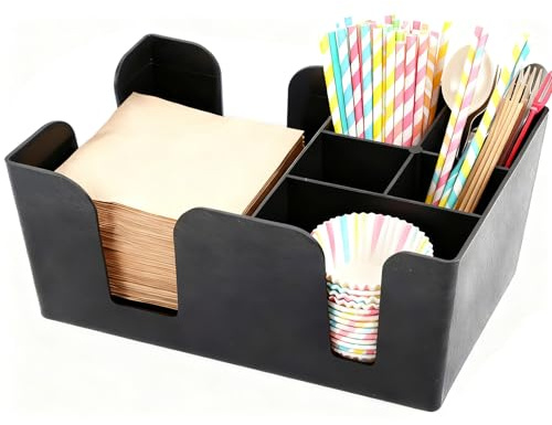 DASBET Black Plastic Bar Caddy Organizer with 6 Compartments | Classic Countertop Napkin Holder and Straw Organizer for Cocktail Accessories, Home Bars, Restaurants, and Pubs