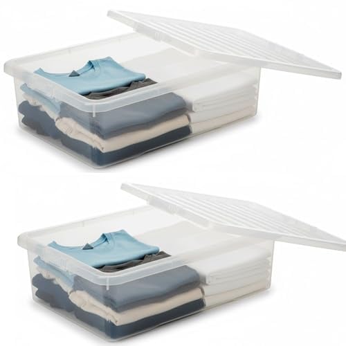 ALEEZ - 32L Under Bed Storage Box - Clear Underbed box with Lid - Nestable & Stackable Storage Boxes - Space-Saving ‎Flat Rectangular Clothes Organizer - Transparent Storage for Shoes, Toys (2)