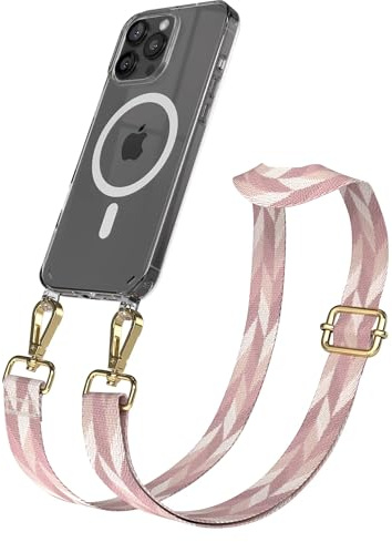 EAZY CASE Handykette - Verstellbares Taschenband kompatibel mit iPhone 16 Pro Max, Schulterriemen, Handykordel mit Silikon Hülle, Qi Charging kompatibel, Umhängetasche, Rosa Mix Gold